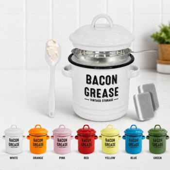 7 PCS-Rustic Farmhouse Enamel Bacon Grease Container - Large Enamel Grease Saver Strainer for Efficient Kitchen Use with Fine Mesh Strainer and Food-Grade Silicone Spatula, 46oz Retro Farmhouse Style Large Enamel Oil Keeper, Dishwasher Safe Kitchen Utensil tikt