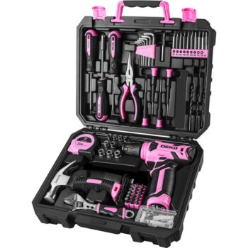 DEKOPRO 126-Piece Pink Household Tool Set with 8V Cordless Drill, Rechargeable Battery, All-in-One Compact Tools kit, Perfect Christmas Gift, Ideal for Home Repairs & DIY Projects fathersdaygift